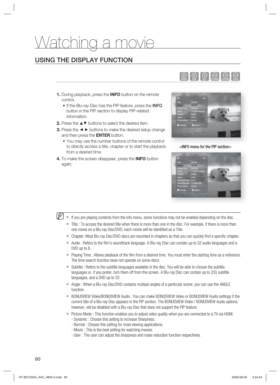 Watching a movie, Hgfzcv, Using the display function | Samsung HT-BD1255 User Manual | Page 60 / 104
