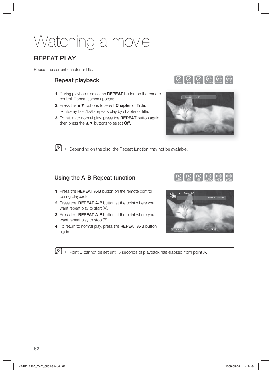 Watching a movie, Hgfzcv, Repeat play | Repeat playback, Using the a-b repeat function | Samsung HT-BD1255 User Manual | Page 62 / 104