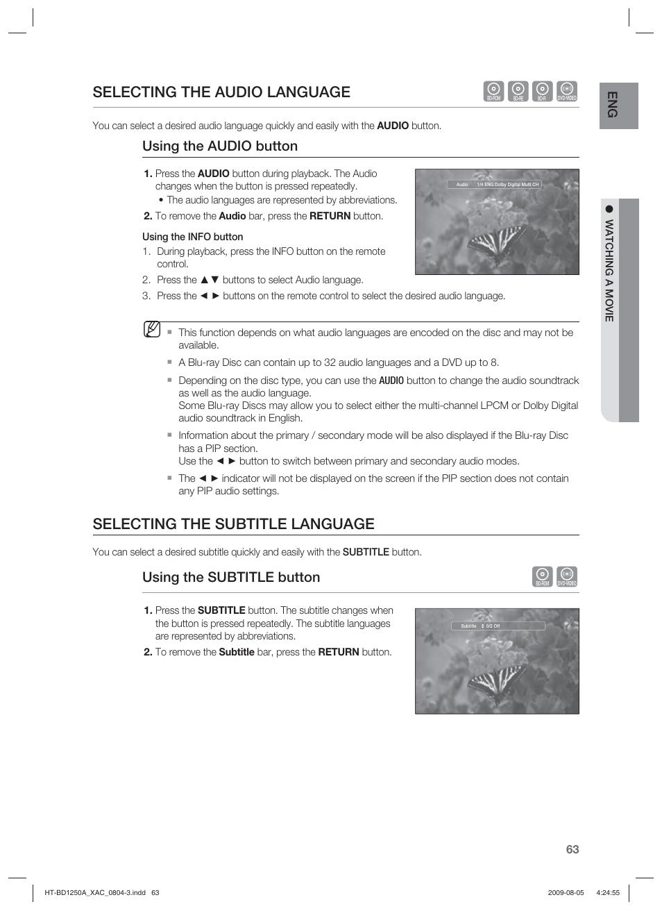 Hgfz, Selecting the audio language, Selecting the subtitle language | Using the audio button, Using the subtitle button | Samsung HT-BD1255 User Manual | Page 63 / 104