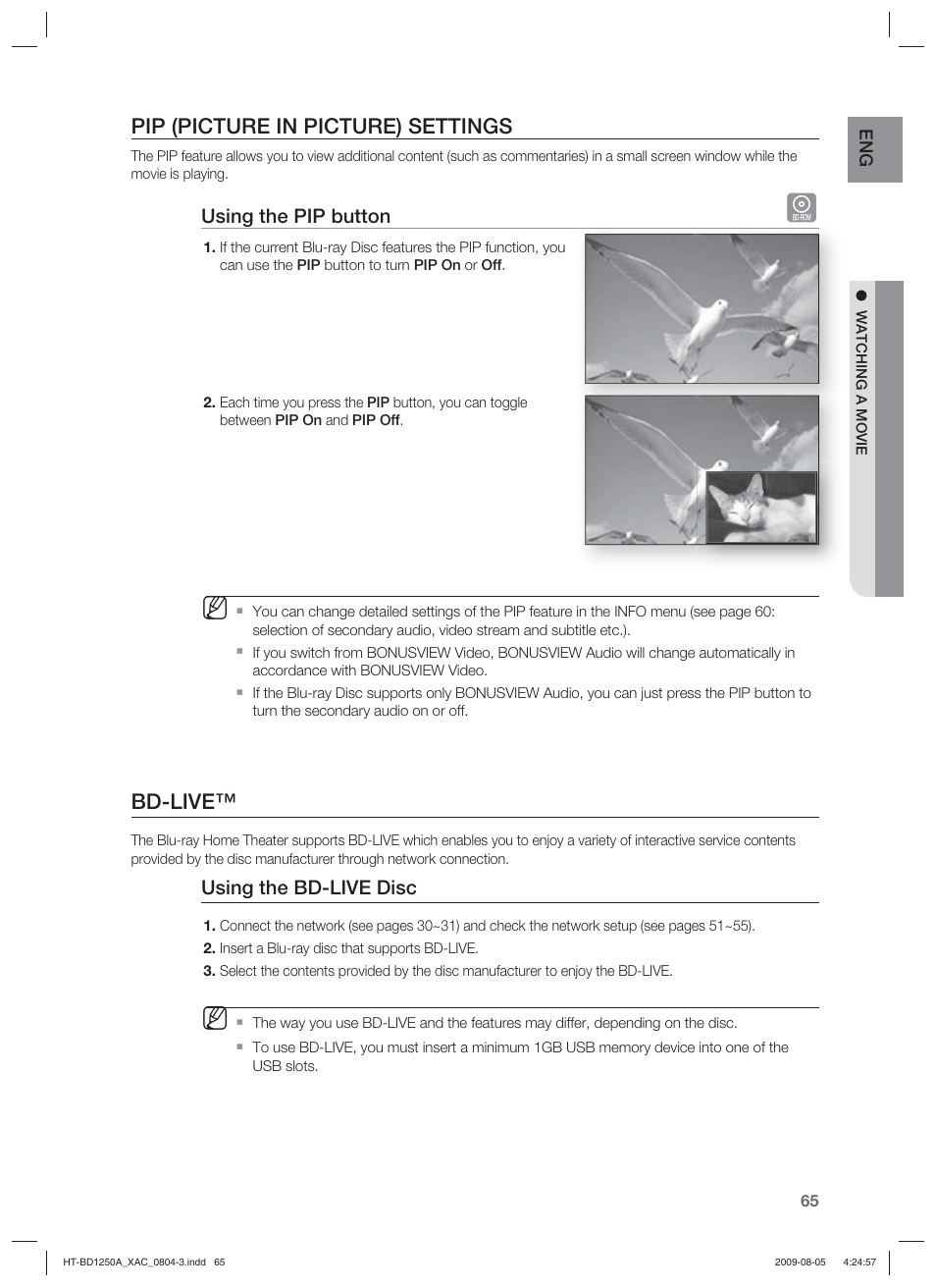 Pip (picture in picture) settings, Bd-live | Samsung HT-BD1255 User Manual | Page 65 / 104