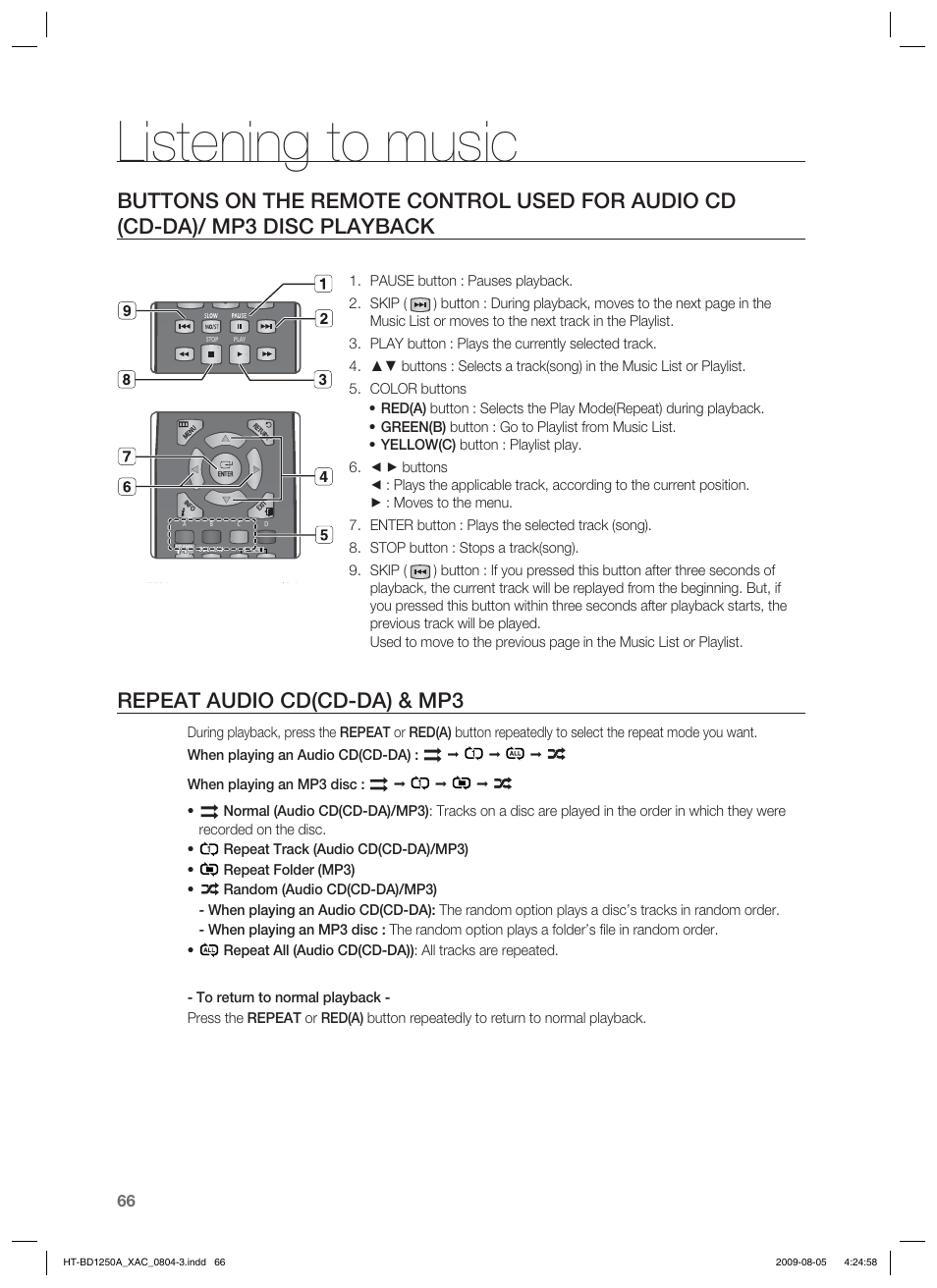 Listening to music, Repeat audio cd(cd-da) & mp3 | Samsung HT-BD1255 User Manual | Page 66 / 104
