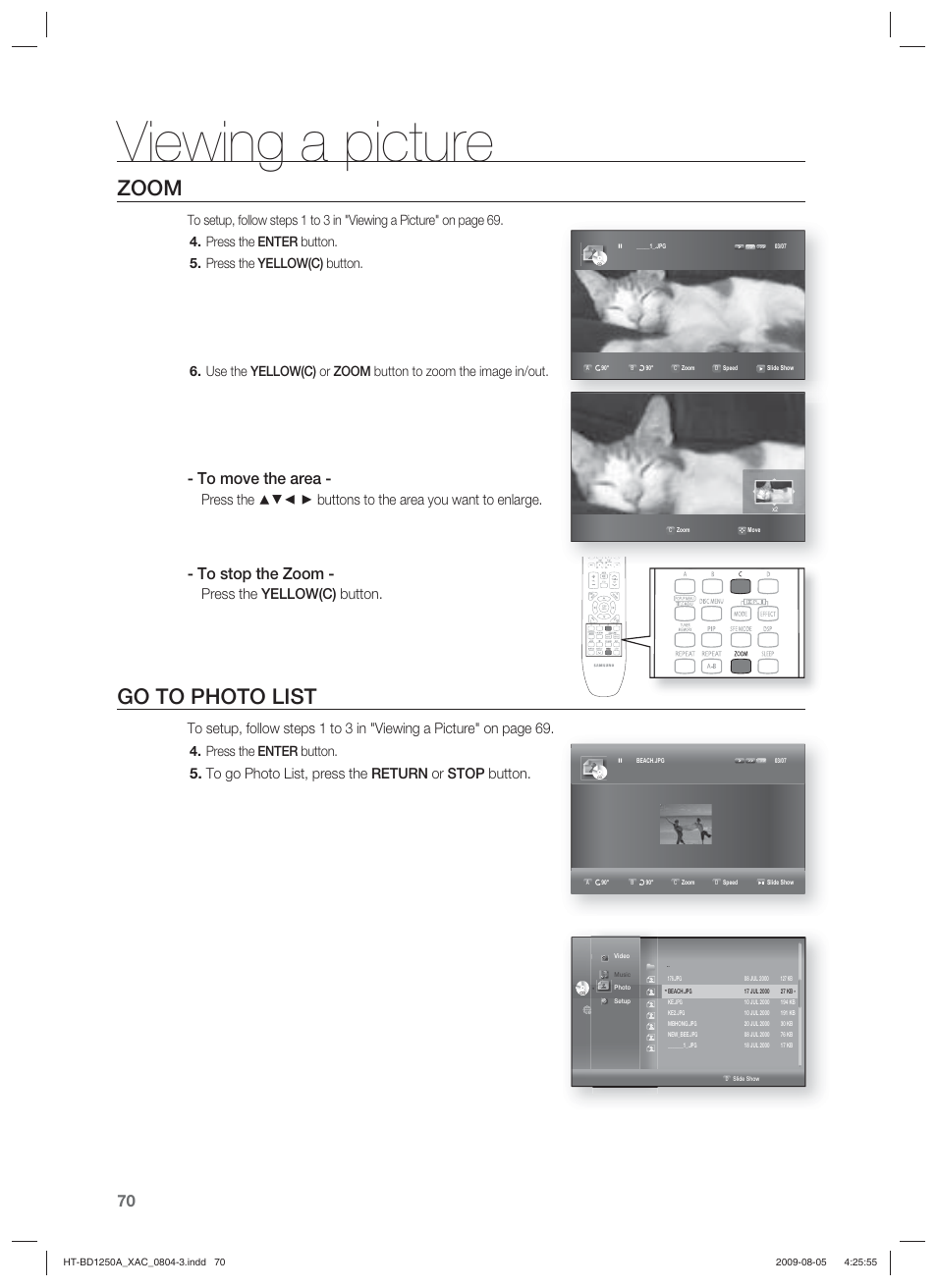 Viewing a picture, Zoom, Go to photo list | Press the yellow(c) button, Press the enter button | Samsung HT-BD1255 User Manual | Page 70 / 104