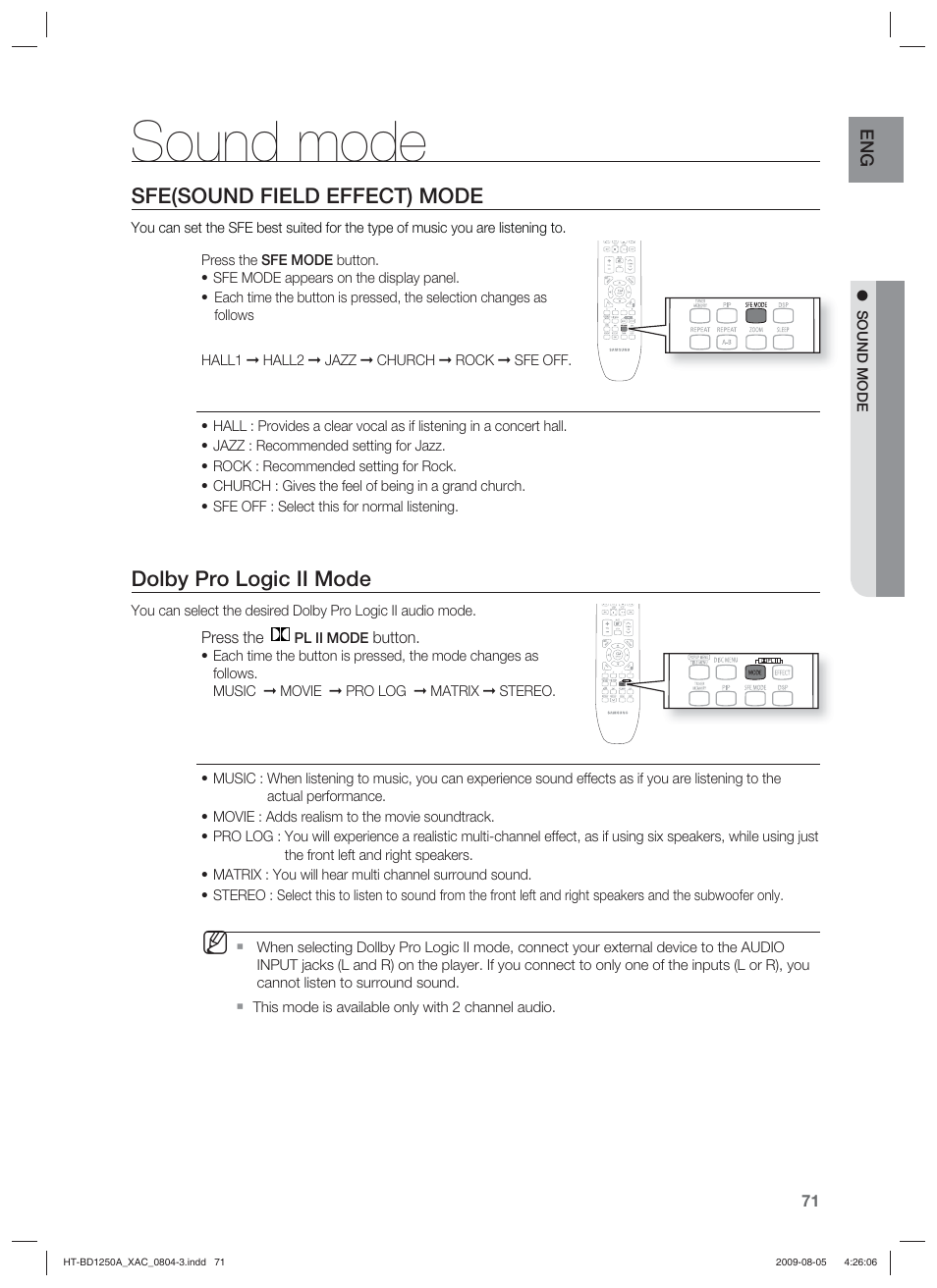 Sound mode, Sfe(sound field effect) mode, Dolby pro logic ii mode | Samsung HT-BD1255 User Manual | Page 71 / 104