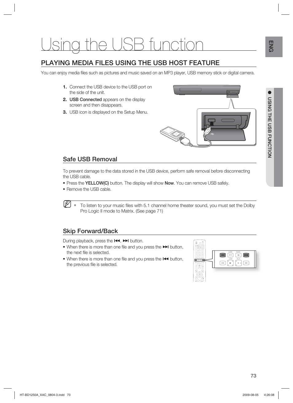 Using the usb function, Playing media files using the usb host feature | Samsung HT-BD1255 User Manual | Page 73 / 104