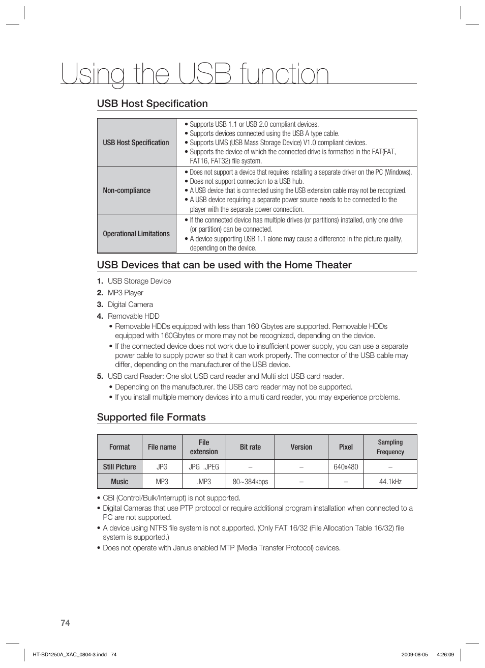 Using the usb function, Usb host speciﬁ cation, Usb devices that can be used with the home theater | Supported ﬁ le formats | Samsung HT-BD1255 User Manual | Page 74 / 104