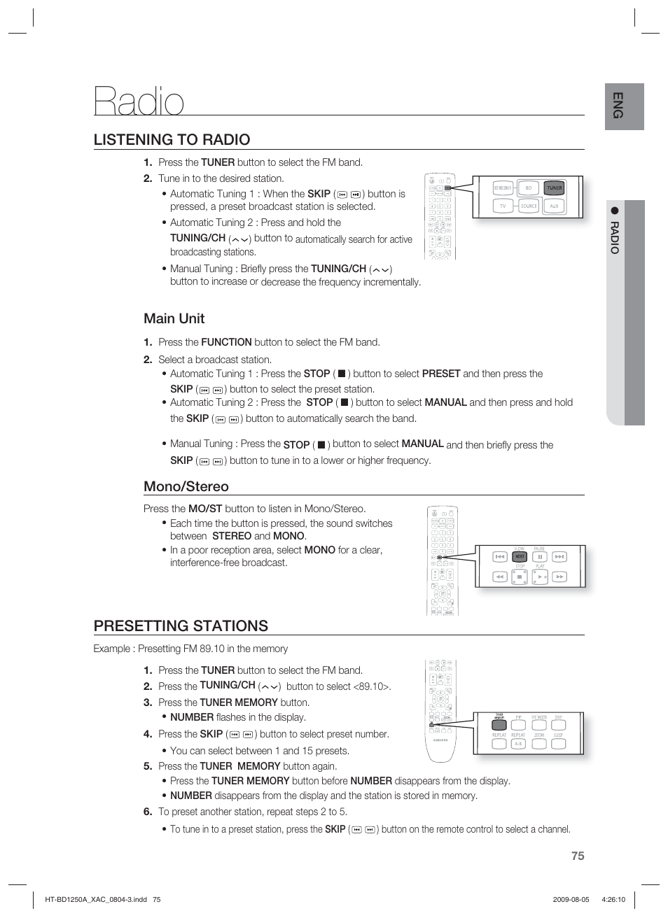Radio, Listening to radio, Presetting stations | Main unit, Mono/stereo | Samsung HT-BD1255 User Manual | Page 75 / 104