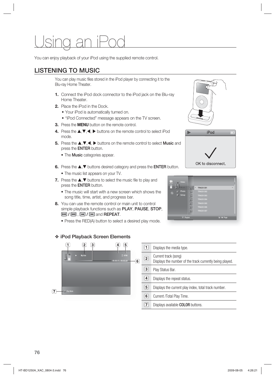 Using an ipod, Listening to music, Ipod playback screen elements | Samsung HT-BD1255 User Manual | Page 76 / 104