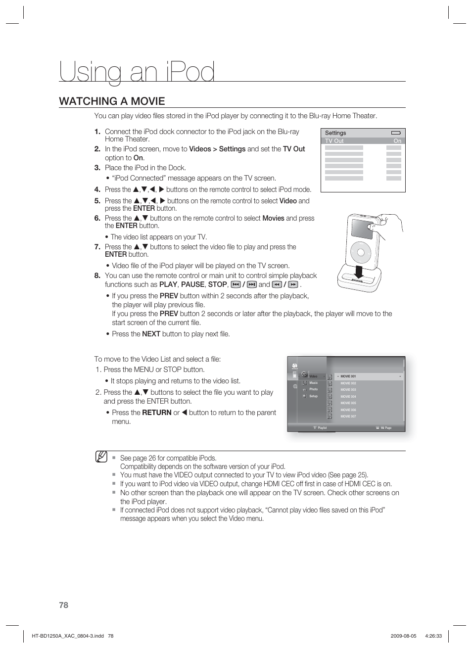 Using an ipod, Watching a movie | Samsung HT-BD1255 User Manual | Page 78 / 104