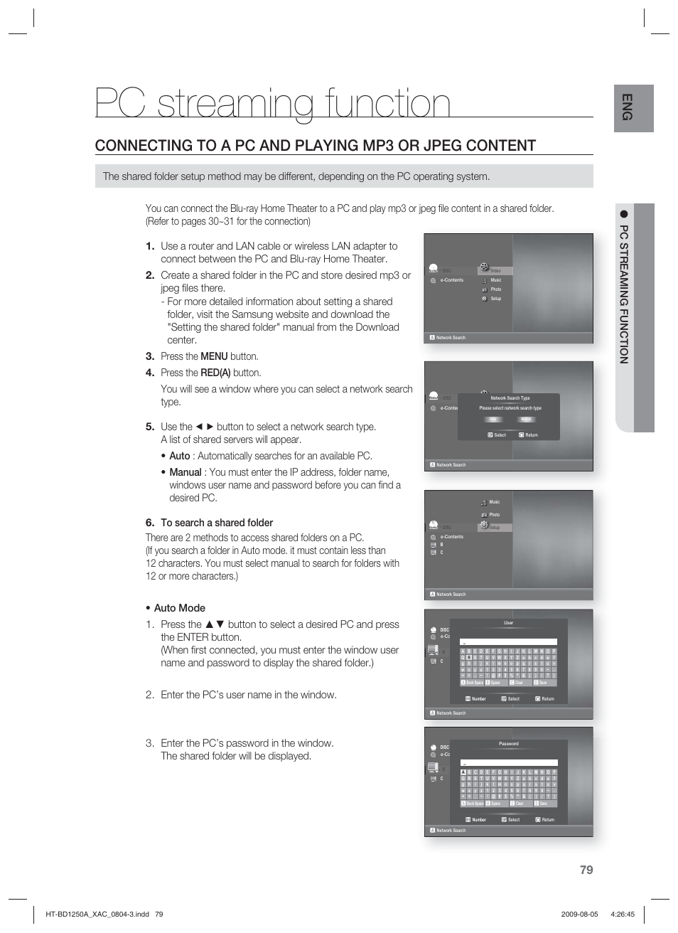 Pc streaming function, Connecting to a pc and playing mp3 or jpeg content, No disc | Samsung HT-BD1255 User Manual | Page 79 / 104