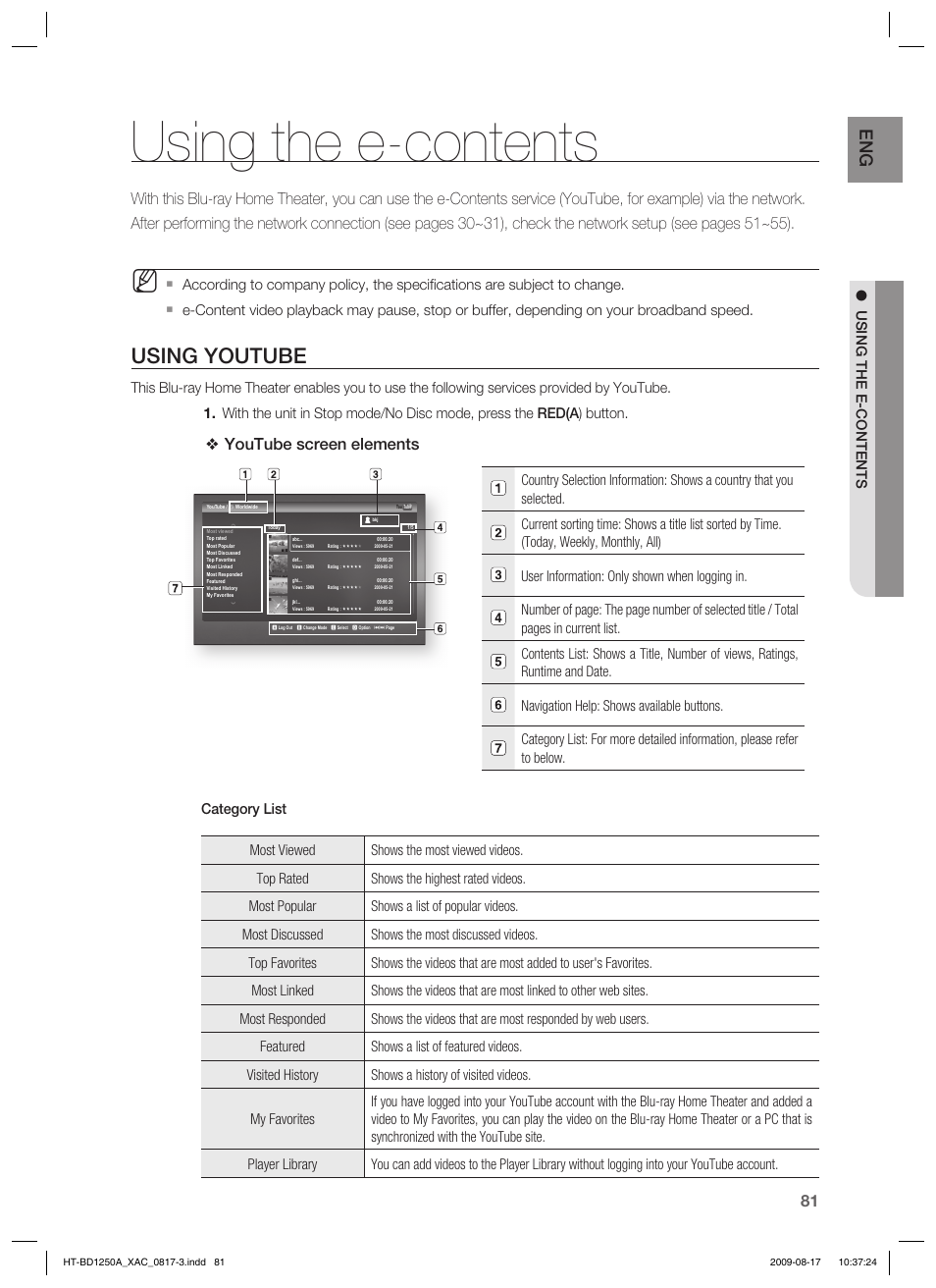 Using the e-contents, Using youtube, Youtube screen elements | Samsung HT-BD1255 User Manual | Page 81 / 104