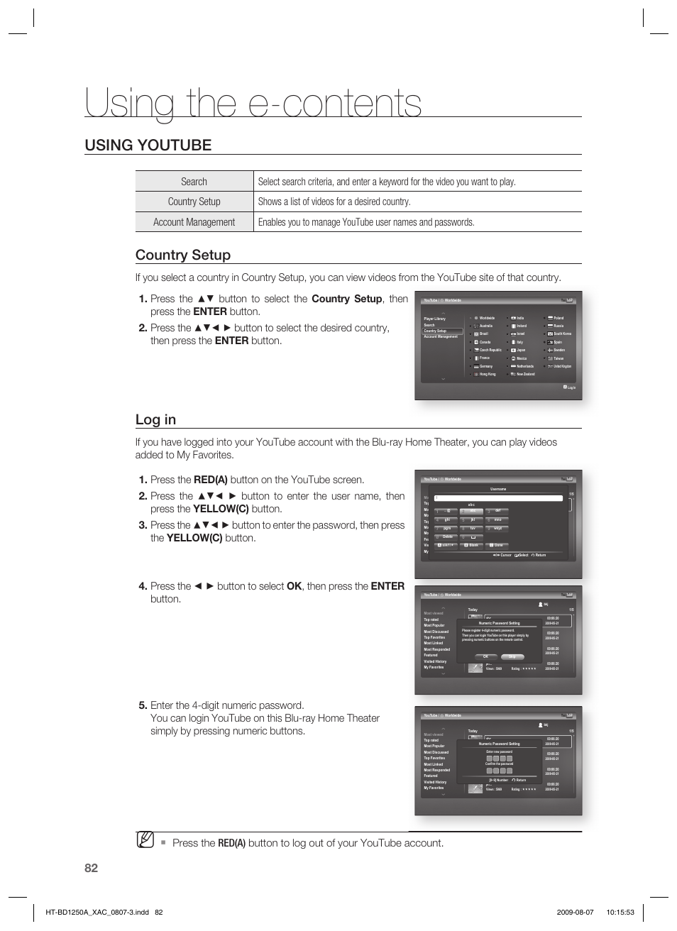 Using the e-contents, Using youtube, Country setup | Log in | Samsung HT-BD1255 User Manual | Page 82 / 104