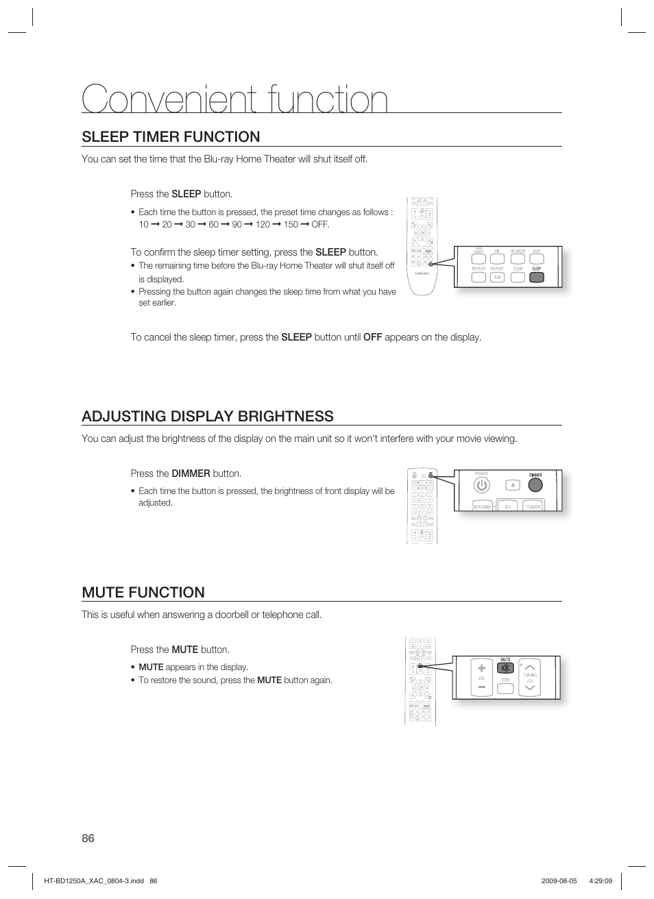 Convenient function, Sleep timer function, Adjusting display brightness | Mute function | Samsung HT-BD1255 User Manual | Page 86 / 104