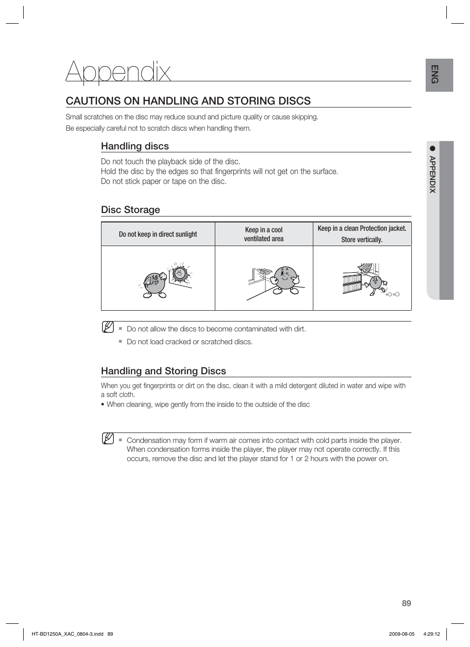Appendix, Cautions on handling and storing discs | Samsung HT-BD1255 User Manual | Page 89 / 104