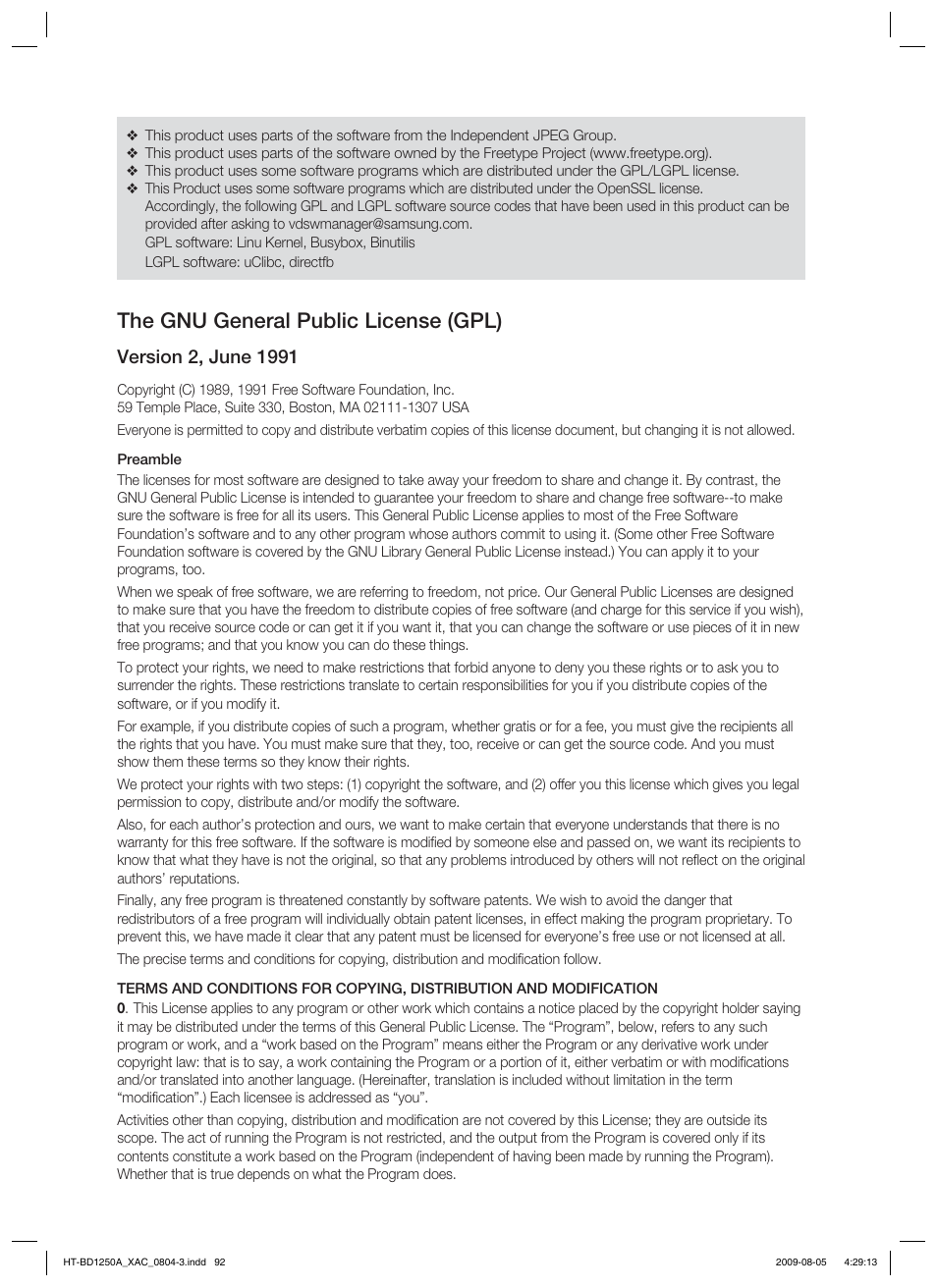 The gnu general public license (gpl) | Samsung HT-BD1255 User Manual | Page 92 / 104