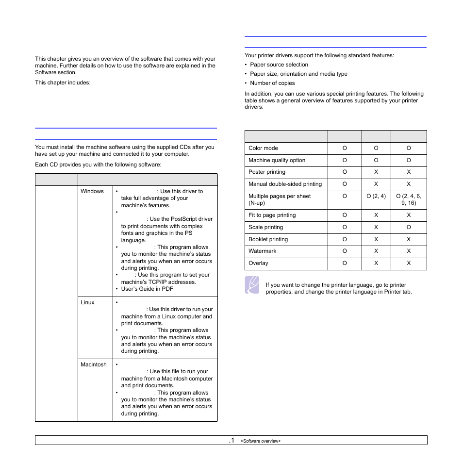 Software overview, Supplied software, Printer driver features | Supplied software printer driver features | Samsung CLP-350 User Manual | Page 16 / 97