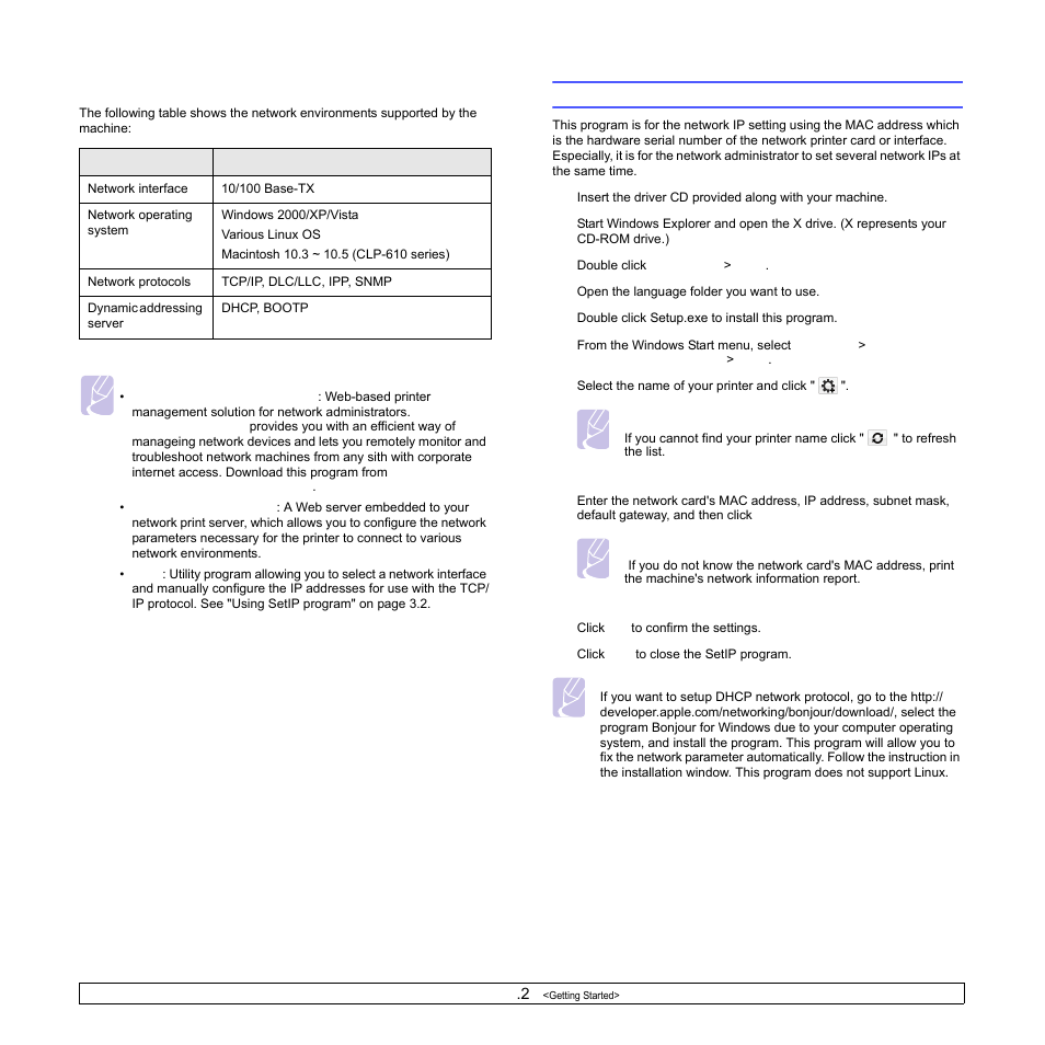 Supported operating systems, Using setip program | Samsung CLP-350 User Manual | Page 19 / 97