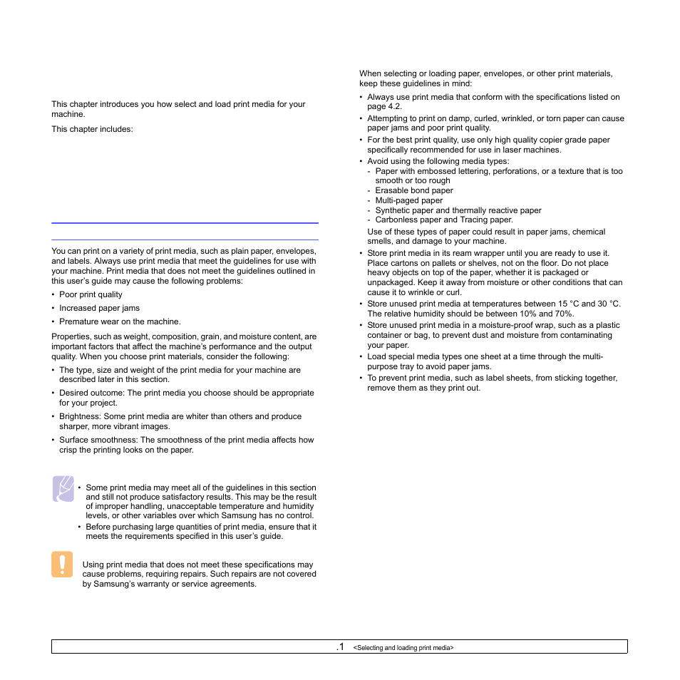 Selecting and loading print media, Selecting print media, Guidelines for selecting and storing print media | Samsung CLP-350 User Manual | Page 22 / 97