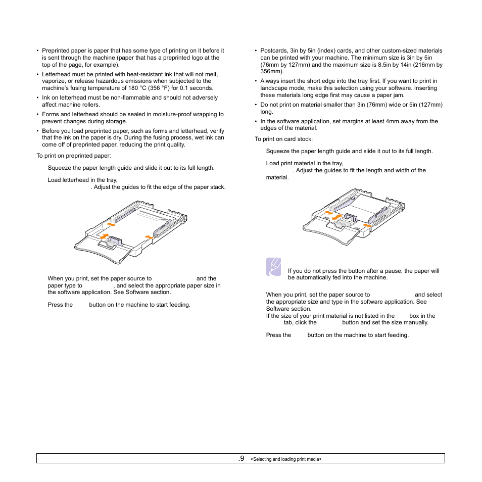 Printing on preprinted paper, Printing on card stock or custom-sized materials | Samsung CLP-350 User Manual | Page 30 / 97