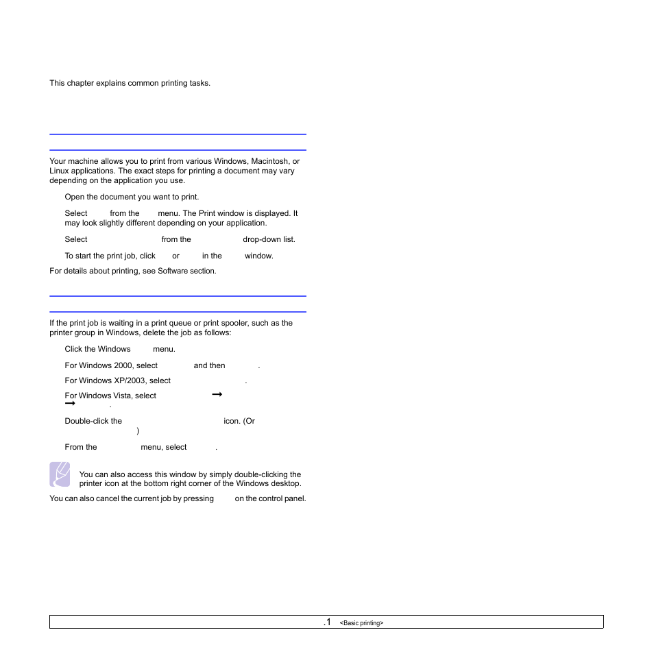 Basic printing, Printing a document, Canceling a print job | Printing a document canceling a print job | Samsung CLP-350 User Manual | Page 32 / 97