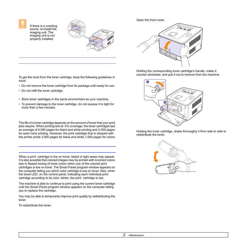 Maintaining the cartridge, Toner cartridge storage, Expected cartridge life | Redistributing toner, Toner cartridge storage expected cartridge life | Samsung CLP-350 User Manual | Page 35 / 97