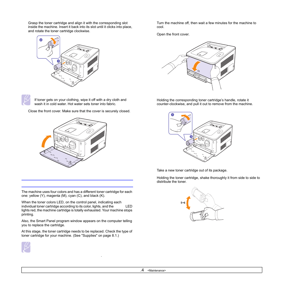 Replacing the toner cartridge | Samsung CLP-350 User Manual | Page 36 / 97