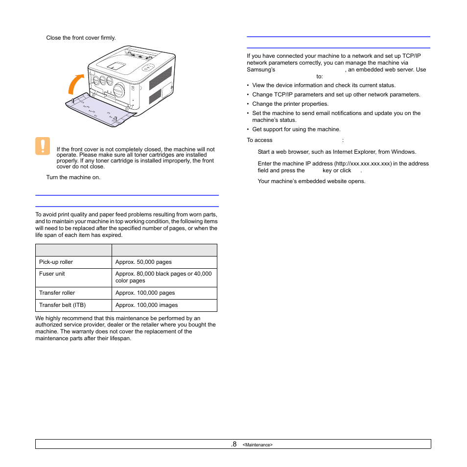 Maintenance parts, Managing your machine from the website | Samsung CLP-350 User Manual | Page 40 / 97