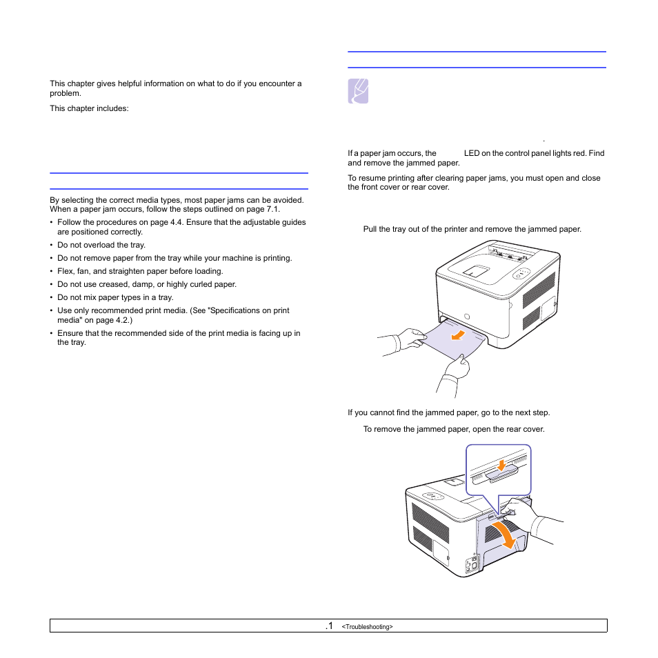 Troubleshooting, Tips for avoiding paper jams, Clearing paper jams | In the tray 1, Tips for avoiding paper jams clearing paper jams | Samsung CLP-350 User Manual | Page 41 / 97