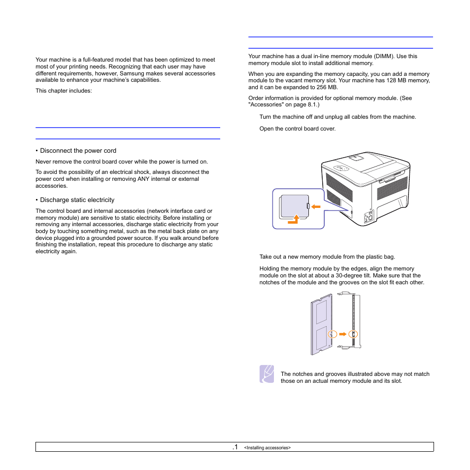 Installing accessories, Precautions to take when installing accessories, Installing a memory module | Samsung CLP-350 User Manual | Page 52 / 97