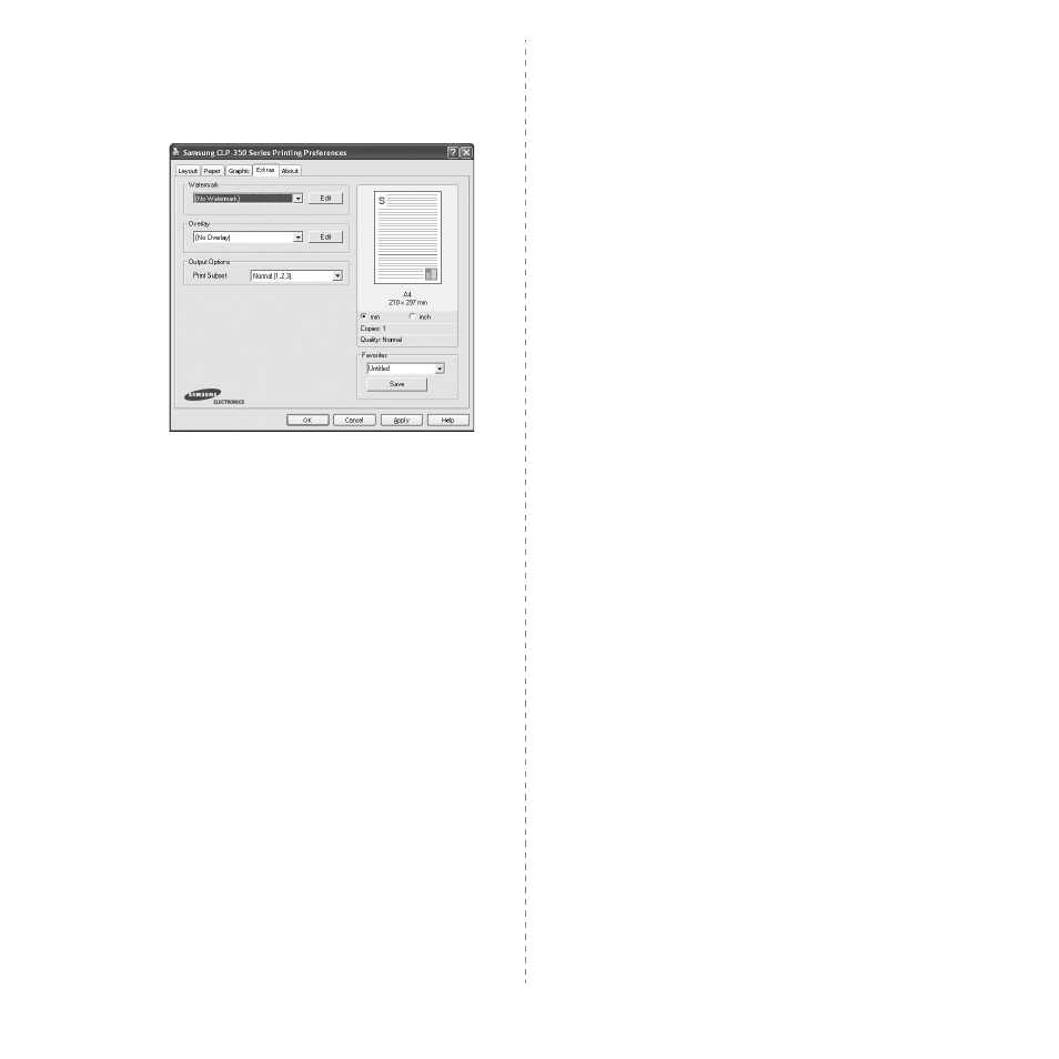 Extras tab, About tab, Printer tab | Extras tab about tab printer tab, Extras tab - about tab - printer tab | Samsung CLP-350 User Manual | Page 74 / 97