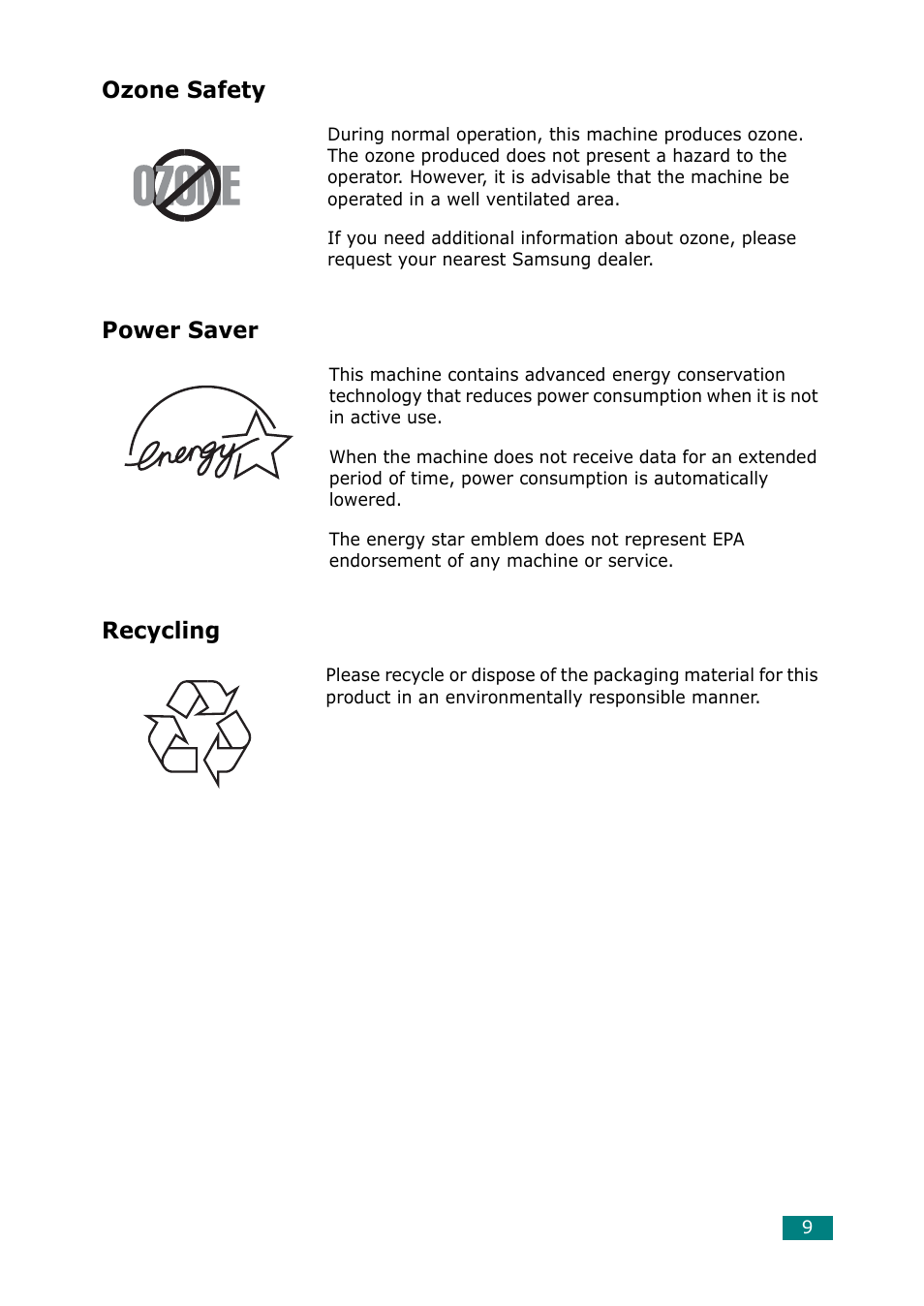 Ozone safety, Power saver, Recycling | Samsung Laser MFP SCX-4100 User Manual | Page 10 / 167