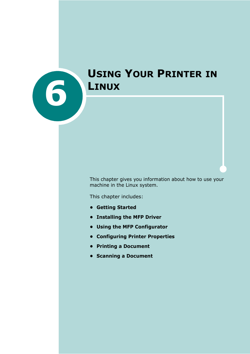 Using your printer in linux, Chapter 6, Sing | Rinter, Inux, Nux, see, Chapter 6 "using your printer in linux | Samsung Laser MFP SCX-4100 User Manual | Page 100 / 167