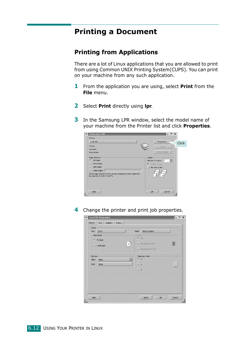 Printing a document, Printing from applications | Samsung Laser MFP SCX-4100 User Manual | Page 111 / 167