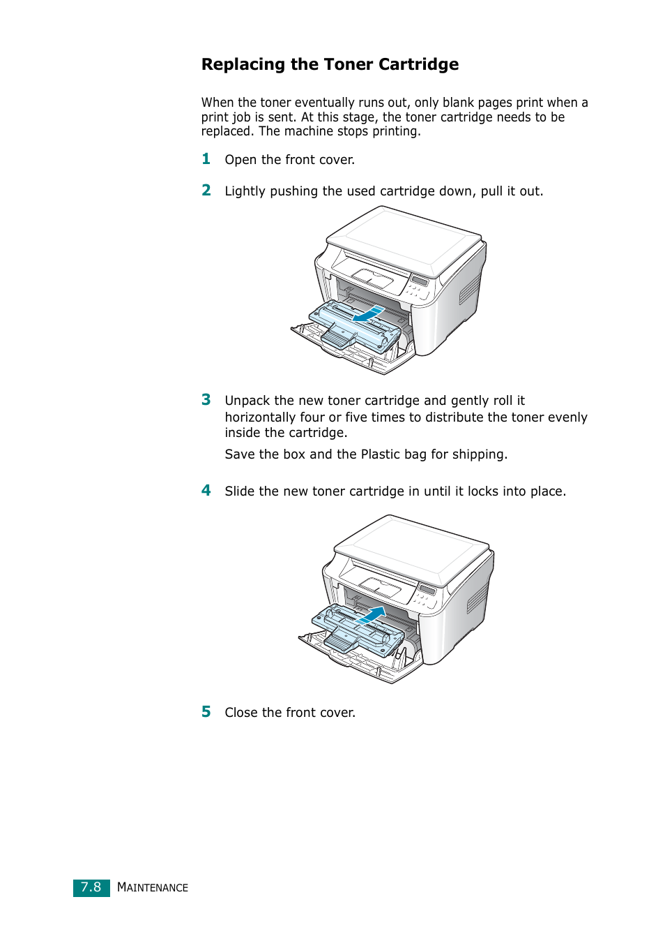 Replacing the toner cartridge | Samsung Laser MFP SCX-4100 User Manual | Page 127 / 167