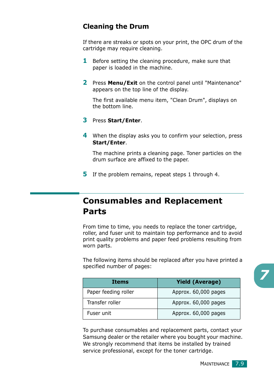 Cleaning the drum, Consumables and replacement parts | Samsung Laser MFP SCX-4100 User Manual | Page 128 / 167