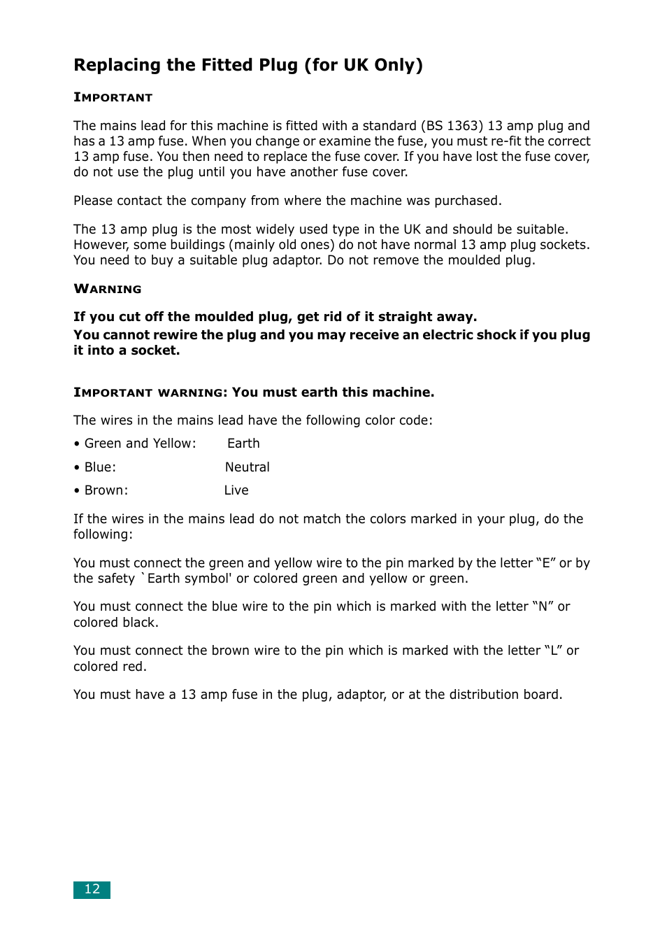 Replacing the fitted plug (for uk only) | Samsung Laser MFP SCX-4100 User Manual | Page 13 / 167