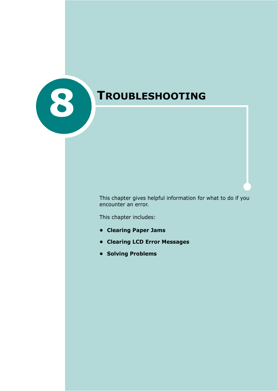 Troubleshooting, Chapter 8, Roubleshooting | Samsung Laser MFP SCX-4100 User Manual | Page 130 / 167