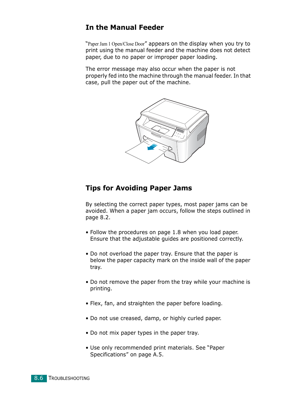 In the manual feeder, Tips for avoiding paper jams | Samsung Laser MFP SCX-4100 User Manual | Page 135 / 167