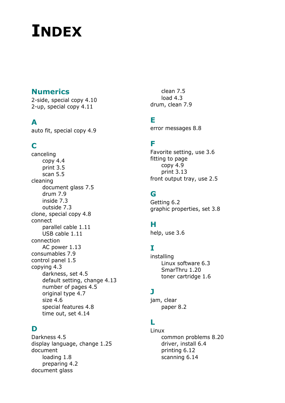 Index, Ndex | Samsung Laser MFP SCX-4100 User Manual | Page 164 / 167