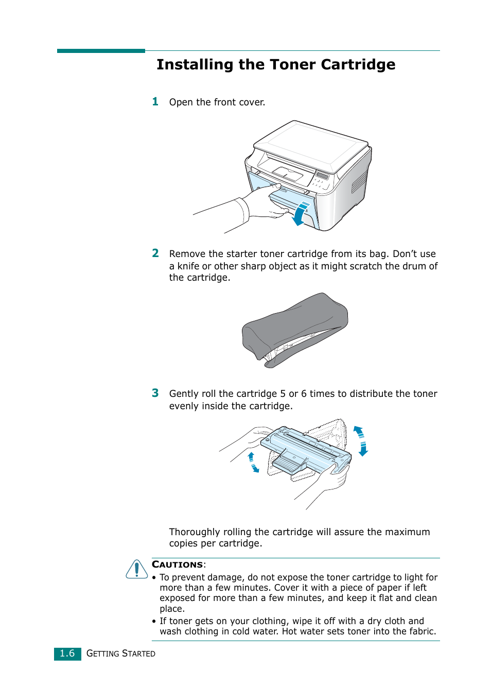 Installing the toner cartridge | Samsung Laser MFP SCX-4100 User Manual | Page 21 / 167