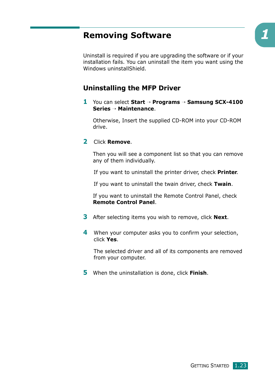 Removing software, Uninstalling the mfp driver | Samsung Laser MFP SCX-4100 User Manual | Page 38 / 167