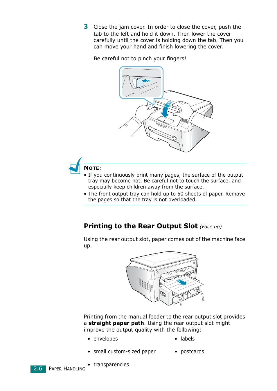 Printing to the rear output slot (face up), Printing to the rear output slot | Samsung Laser MFP SCX-4100 User Manual | Page 49 / 167