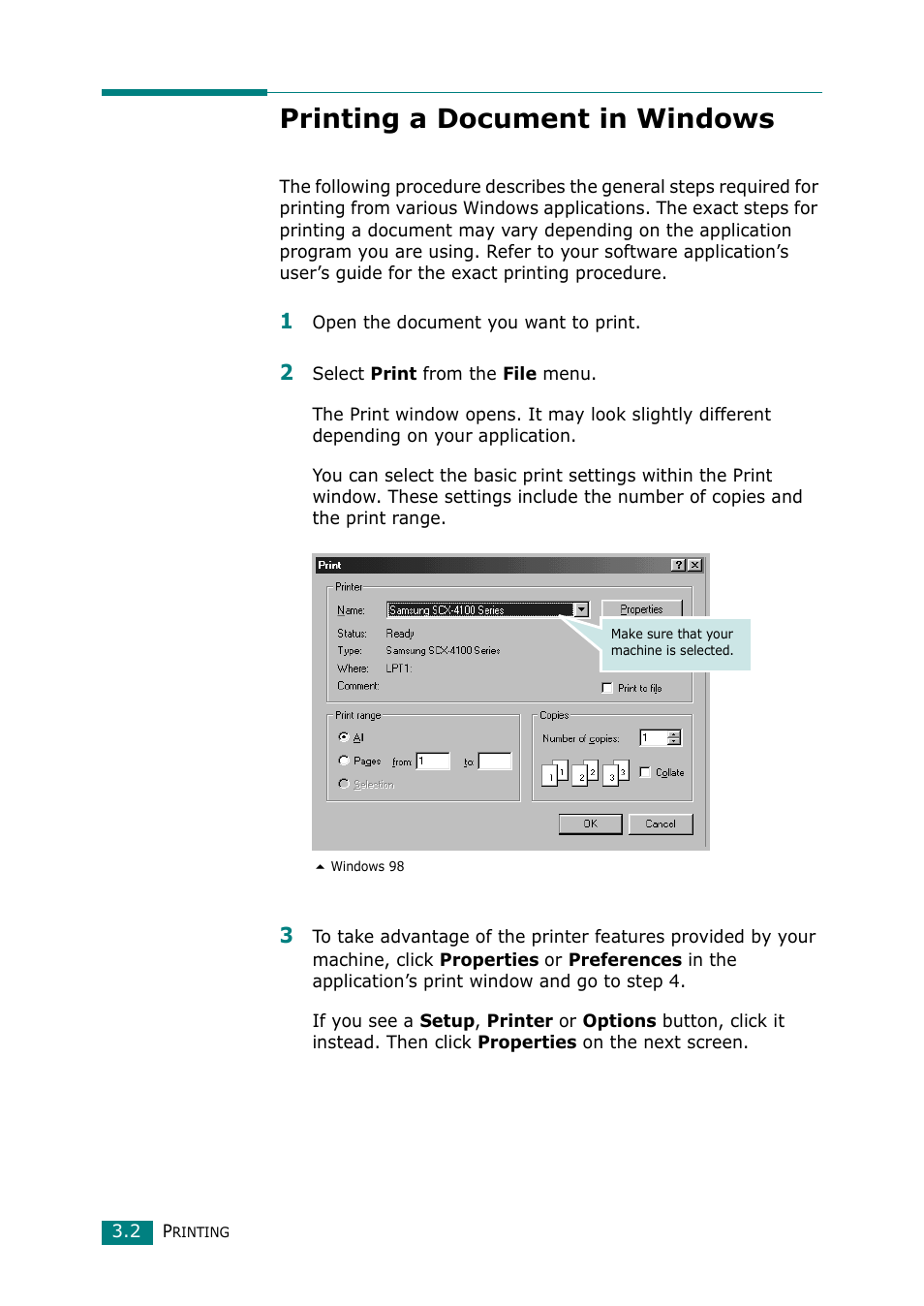 Printing a document in windows | Samsung Laser MFP SCX-4100 User Manual | Page 57 / 167