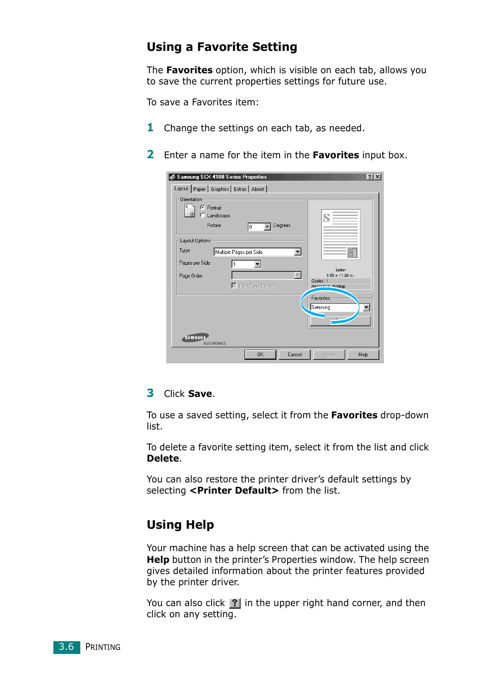 Using a favorite setting, Using help | Samsung Laser MFP SCX-4100 User Manual | Page 61 / 167