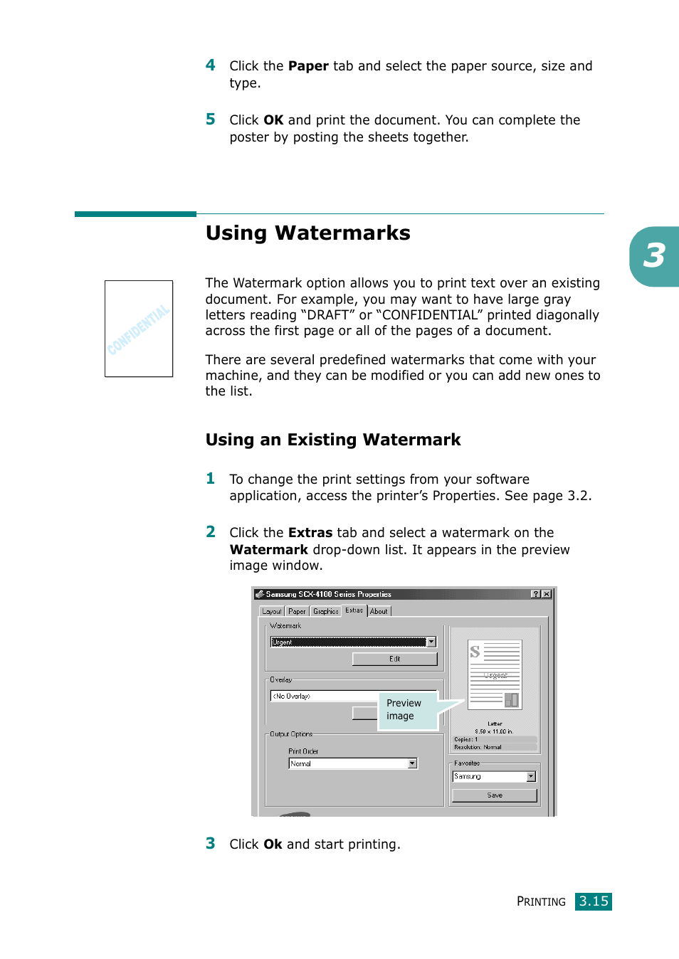 Using watermarks, Using an existing watermark | Samsung Laser MFP SCX-4100 User Manual | Page 70 / 167