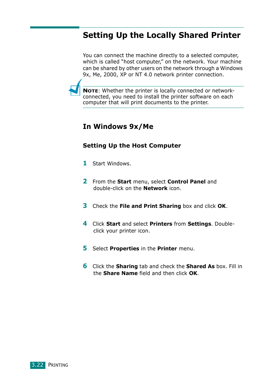 Setting up the locally shared printer, In windows 9x/me | Samsung Laser MFP SCX-4100 User Manual | Page 77 / 167