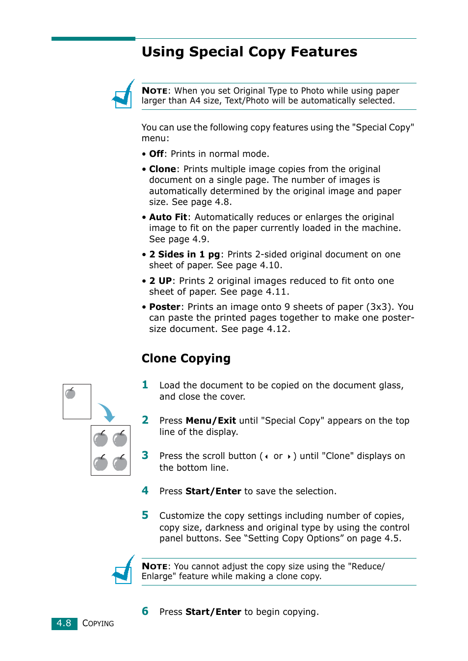 Using special copy features, Clone copying | Samsung Laser MFP SCX-4100 User Manual | Page 87 / 167