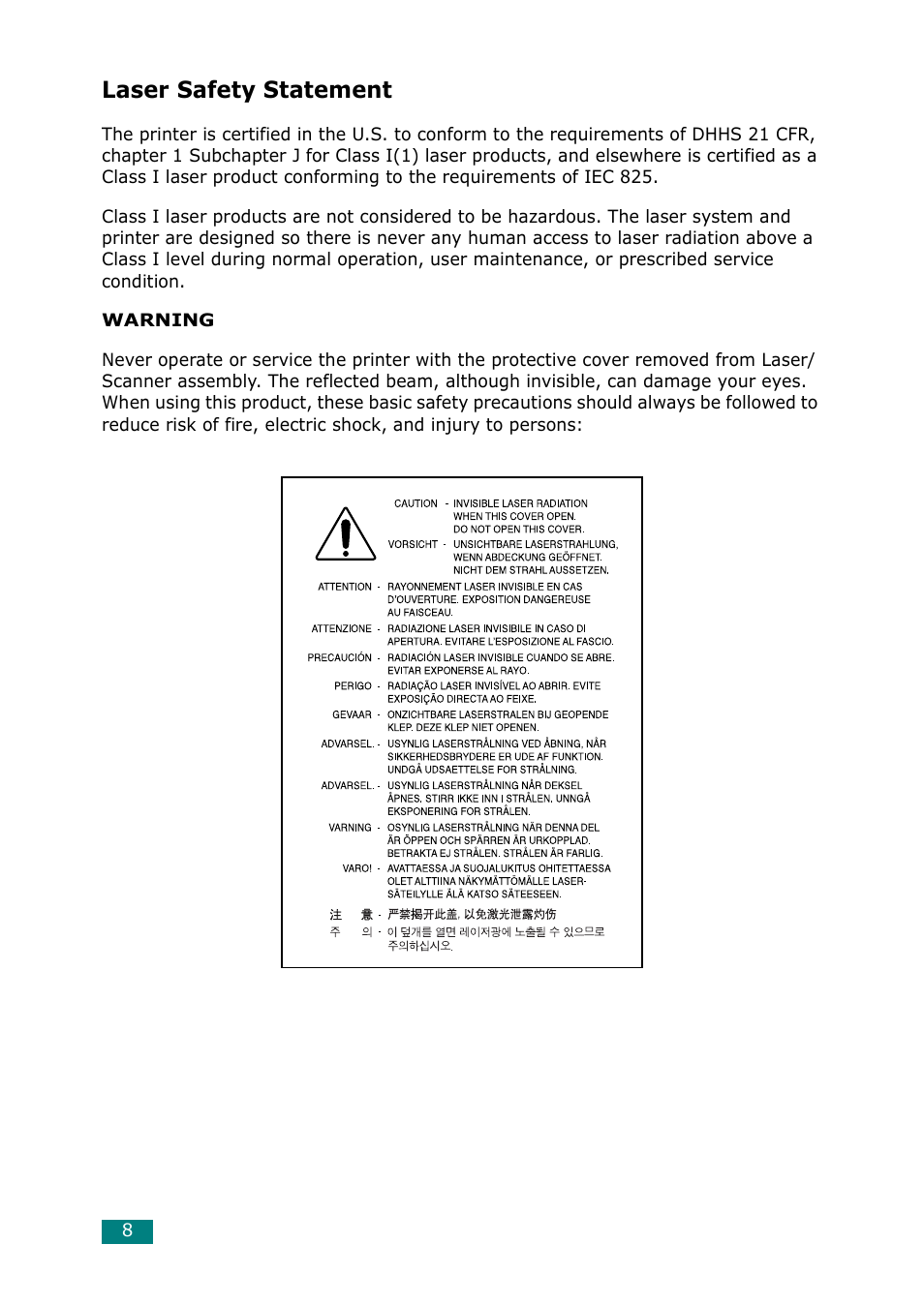 Laser safety statement | Samsung Laser MFP SCX-4100 User Manual | Page 9 / 167