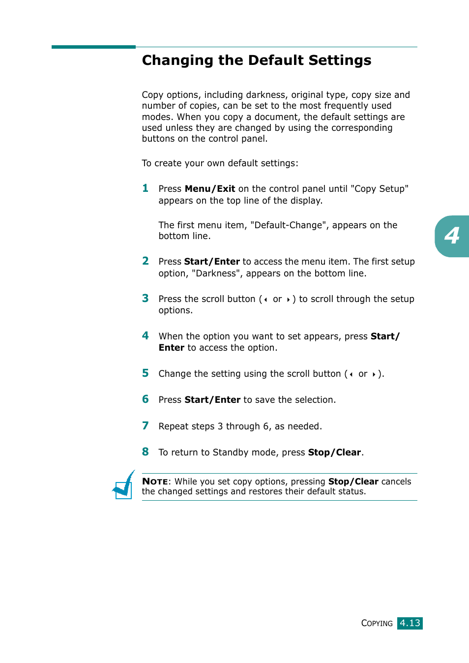 Changing the default settings | Samsung Laser MFP SCX-4100 User Manual | Page 92 / 167