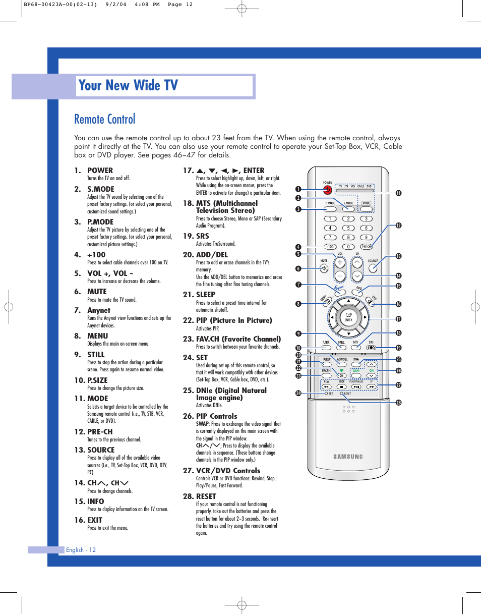 Remote control, Your new wide tv | Samsung HL-P4674W User Manual | Page 12 / 96