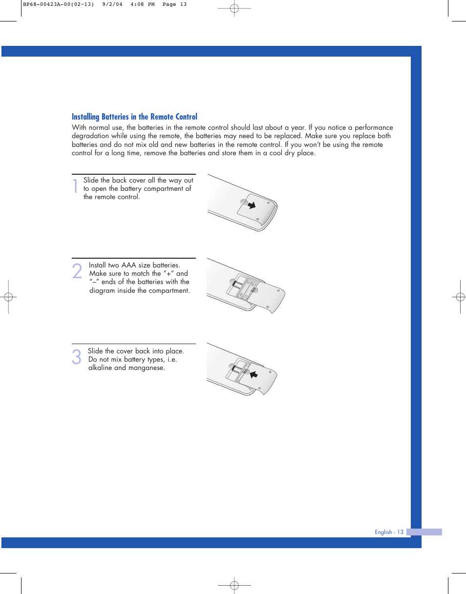 Installing batteries in the remote control | Samsung HL-P4674W User Manual | Page 13 / 96